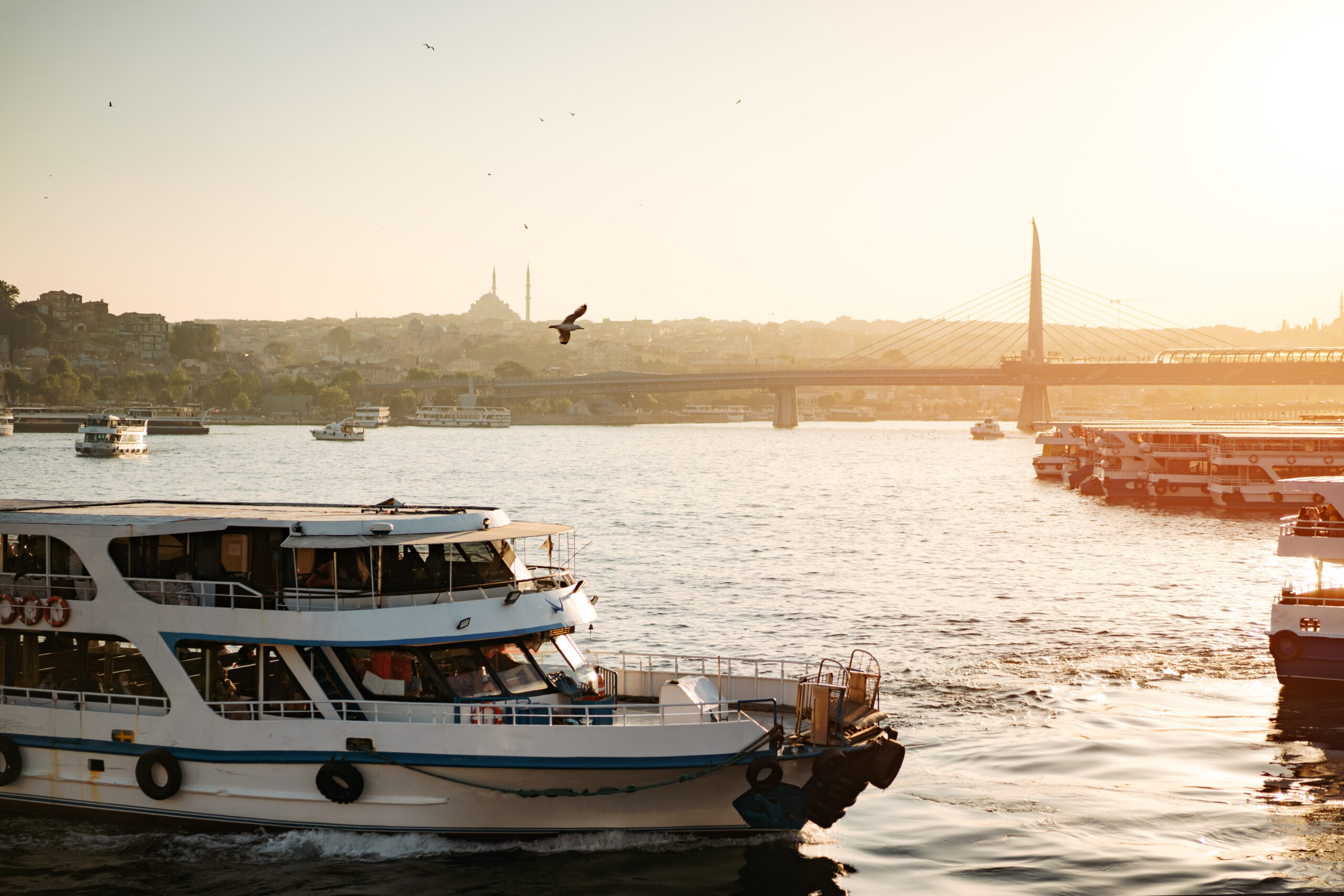 Public water transport ship in Istanbul city waterfront, Turkey